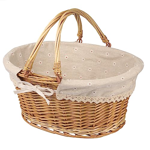 Large Multipurpose Wicker Basket with Handle, 14.2 x 11 x 6.7 in Wicker Picnic Basket with Liner, Empty Gift Basket, Oval Willow Woven Basket for Fruit, Wine, Gathering, Wedding, Picnic, by GNIEMCKIN - size: 1 PCS Large Circular vine