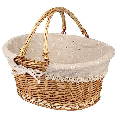 Large Multipurpose Wicker Basket with Handle, 14.2 x 11 x 6.7 in Wicker Picnic Basket with Liner, Empty Gift Basket, Oval Willow Woven Basket for Fruit, Wine, Gathering, Wedding, Picnic, by GNIEMCKIN - size: 1 PCS Large Circular vine