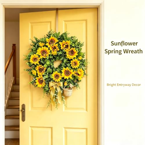 20" Sunflower Wreath, Spring Floral Wreath for Front Door Porch Decor