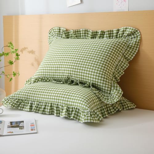 Silnuo Olive Green/White Gingham Ruffle Pillow Covers Queen Size 20"x30" - color: Green/White, size: Queen (20" x 30") - Set of 2