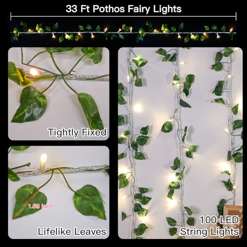 suddus 33FT 100 LED Pothos Vine with Fairy Lights Plug in Clear Wire - color: Pothos, size: 100 LED-Plug