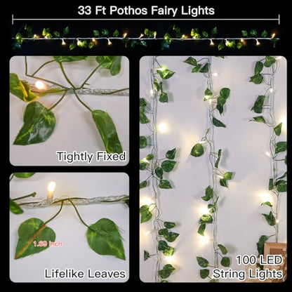 suddus 33FT 100 LED Pothos Vine with Fairy Lights Plug in Clear Wire - color: Pothos, size: 100 LED-Plug
