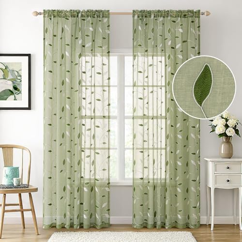 MIULEE Sage Green Sheer Curtains 2 Panels Leaf Patterned, W52 x L96 - color: Sage Green, size: 52"W x 96"L (Pack of 2)