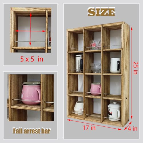12 Grid coffee mug display shelf,17x25" Wooden cup shelf for wall, White - color: Old White