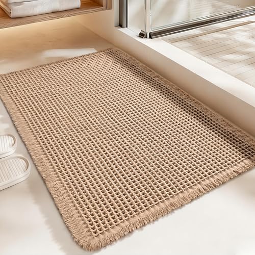 Luxury Waffle Bath Mat, Super Absorbent Non Slip Bathroom Rugs, Boho Ultra Soft Comfort Machine Washable Quick Dry Floor Mats with Tassels (Brown, 20" x 30") - color: Brown, size: 20" X 30"