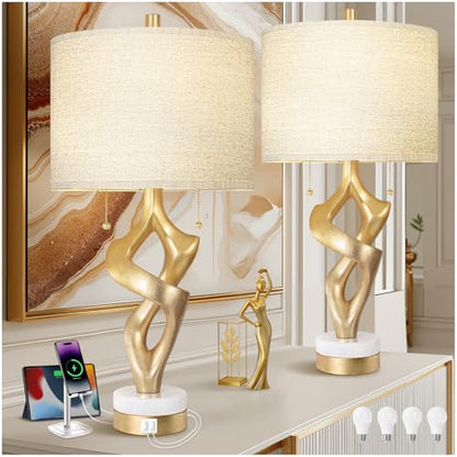 Scenekoy 26” Table Lamp Set of 2 with USB Ports for Bedroom Living Room - size: 26 inches Gold Leaf -028-2