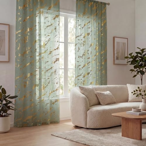 Horaldaily 2Pcs Sage Green Sheer Curtains 52x63in, Gold Sequin Marble - color: Sage Green and Gold, size: 52"W x 63"L (Pack of 2)