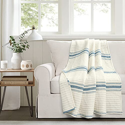 Lush Decor Farmhouse Stripe Kantha Pick Stich Yarn Dyed Cotton Woven Throw Reversible Ticking Pinstripe Design Blanket, 50" x 60", Blue - color: Blue
