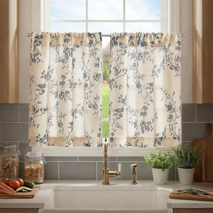 jinchan Floral Linen Kitchen Tier Curtains, 30 Inch, 2 Panels, Black - color: Alisa Black, size: 26"W x 30"L (Pack of 2)