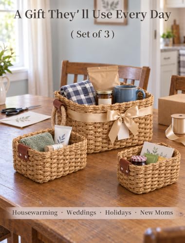 Small Wicker Baskets, 3 PCS Paper Rope Baskets for Shelves, Brown - color: Brown