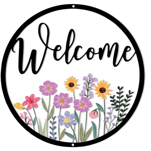 Wildflower Welcome Sign Floral Metal Wall Art Welcome Door Decor Round Hanging Wall Sign Flower Design Farmhouse Front Door Porch Decoration (colorful) - color: colorful01