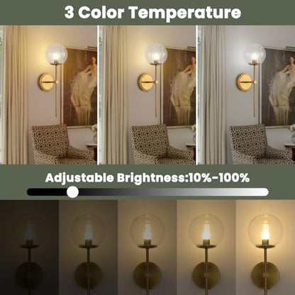 Globe Battery Operated Sconce Set of 2 with Clear Glass Lampshade - color: Gold-Clear