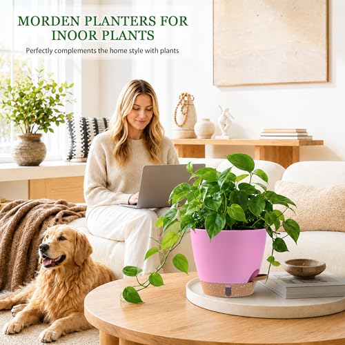 Self Watering Pots for Inoor Ourdoor Plants 8/7/6.5/6/5 Inch, 5 Pack - color: Pink, size: 8/7/6.5/6/5 Inch