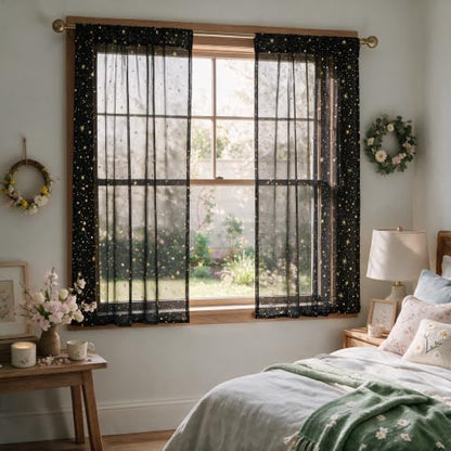 Horaldaily 2Pcs Black Sheer Curtains 52x63in, Gold Sequin Star, Halloween - color: Black and Gold, size: 52"W x 63"L (Pack of 2)