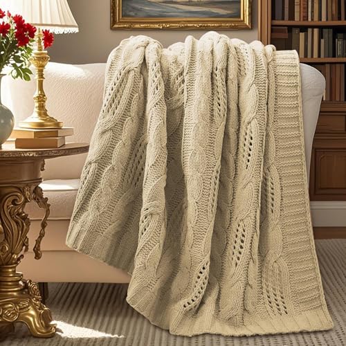 Amélie Home Chunky Knit Throw Blanket, Dual-Sided Soft Chenille Breathable Cable Knitted Blanket for Couch, Farmhouse Decorative Throw for Sofa & Chair, 50"x60", Beige - color: Beige, size: Cable Knit 50"x60"