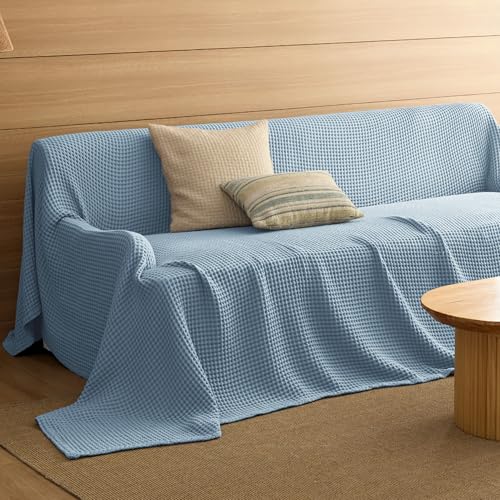 Bedsure Lightweight 100% Cotton Waffle Blanket, 120x94, Celestial Blue - color: Celestial Blue, size: Oversized King (120" X 94")