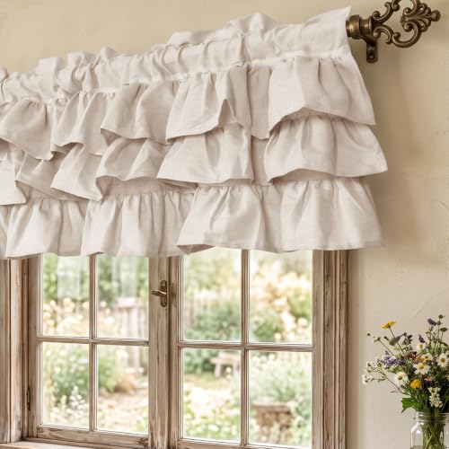 FUANGUI Ruffled Valance Curtain 42" W x 18" L Pleated Kitchen Valance - color: Beige, size: 42"W x 18"L (Pack of 1)