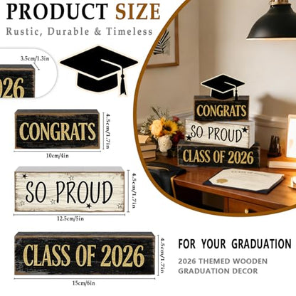 2026 Graduation Table Decorations Class of 2026 Senior Tiered Tray Decor Wooden Cap Block Signs Farmhouse Congrats Grad Tabletop Party Centerpiece for Tables Wooden Sign for Home Decor - style: Cap