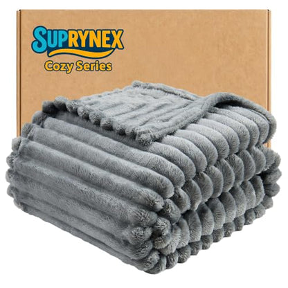 330GSM Ribbed Fleece Throw Blanket for Couch, Gray, 50"x60" - color: Grey, size: Throw(50"x60")
