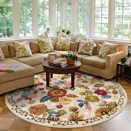 Washable 6ft Round Area Rug, Beige Boho Floral Non-Slip for Living Room - color: Beige, Cream, Mustard, Brick Red and Blue, size: 6' (Round)