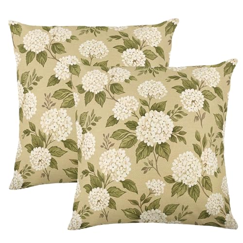 Warm Khaki Off-White Hydrangea Floral Linen Pillow Cover 18x18 Inch Set of 2 Neutral Home Decor, Insert Not Included - color: Khaki-ivory-green