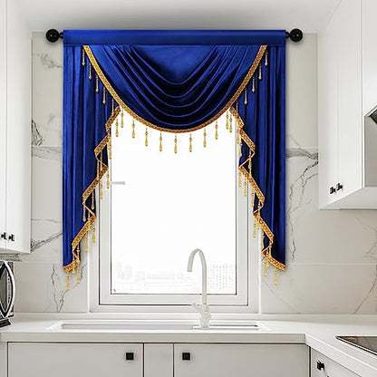 ELKCA Luxury Royal Blue Velvet Curtain Valances for Living Room with Beads(39inch,1 Panel) - color: Royal Blue, size: 39"W x 43"L (Pack of 1)