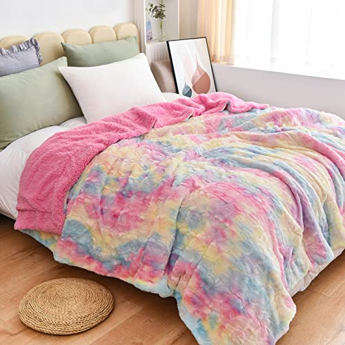 NEWCOSPLAY Faux Fur Sherpa Queen Blanket for Couch, Light Rainbow, 90"x90" - color: Light Rainbow, size: Queen(90"x90")