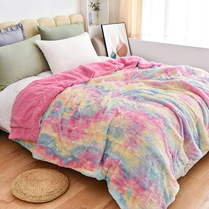 NEWCOSPLAY Faux Fur Sherpa Queen Blanket for Couch, Light Rainbow, 90"x90" - color: Light Rainbow, size: Queen(90"x90")