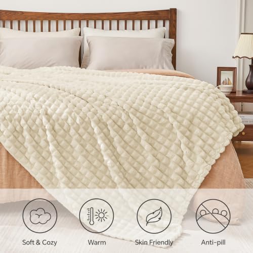 BEDELITE 3D Checked Beige Fleece Throw Blanket for Couch, 50x60 Inches - color: Beige, size: Throw(50"x60")