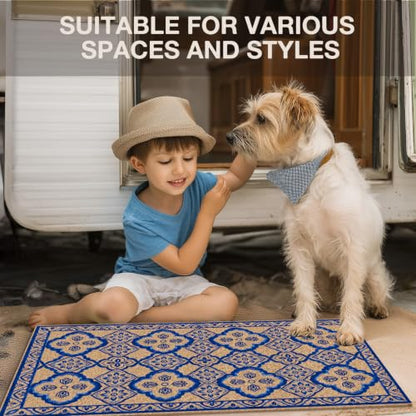 Blue Boho Tile Floral Faux Coco Coir Doormat Door Mat 17x30 Inch - color: Chinoiserie