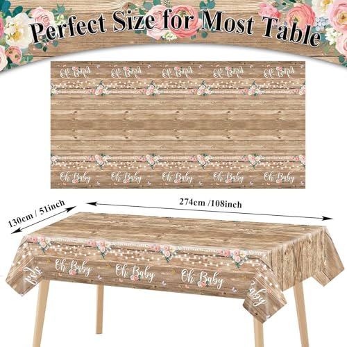 Tevxj 3 Pieces Wood Baby Shower Tablecloth Oh Baby Lace Rustic Floral Party Plastic Table Covers for Girl and Boy Floral Theme Party Decorations Supplies 54X108inch - style: Oh Baby