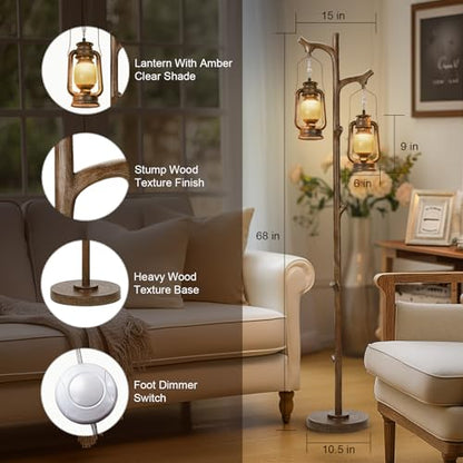 Scenekoy 68" Rustic Tree Trunk Floor Lamp with Lantern, Stepless Dimmable - color: Brown