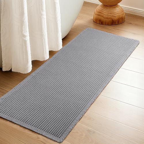 Luxury Waffle Bath Mat, Super Absorbent Non Slip Bathroom Rugs, Boho Ultra Soft Comfort Machine Washable Quick Dry Floor Mats with Tassels (Grey, 24" x 72") - color: Grey, size: 24" X 72"