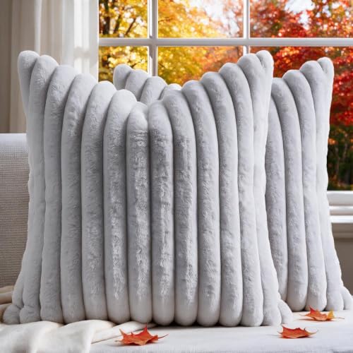 Set of 2 Decorative Throw Pillow Covers 16x16 Fall Faux Fur Light Gray - color: Gray, size: 16" x 16" (Pack of 2)