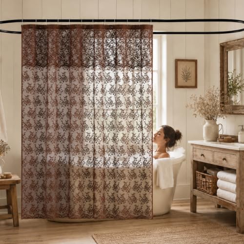 TUDECO Extra Long Brown Lace Shower Curtain for Bathroom, 72W x 84L Inch - color: Dark Brown, size: 72"W x 84"L (Pack of 1)