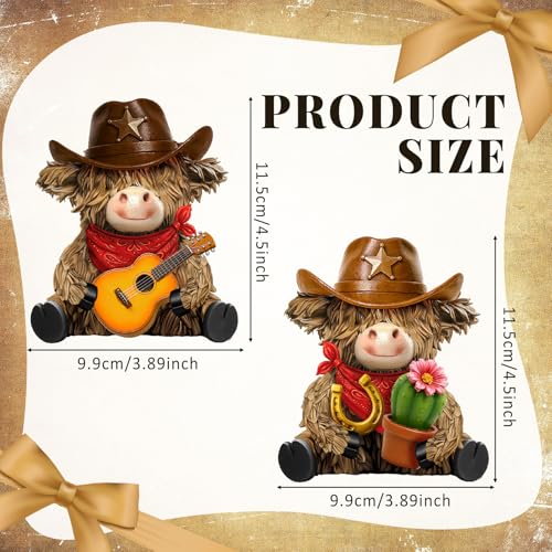 2 Pcs Resin Highland Cow Figurines Decor, Western Cowboy Style - style: Cowboy