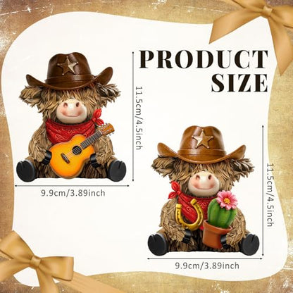 2 Pcs Resin Highland Cow Figurines Decor, Western Cowboy Style - style: Cowboy