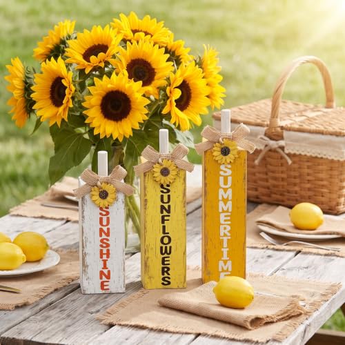 MiniInflat 3 Pcs Sunflower Table Decor, August Wooden Block Sign Decoration - style: Sunflower