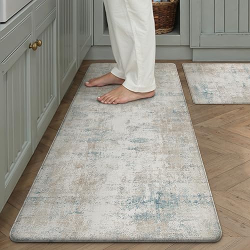 Anti Fatigue Beige Blue Neutral Non-Slip Kitchen Mat 2 Piece - color: Abstract | Beige Blue, size: 17.3"x47"+17.3"x30"--0.4inch
