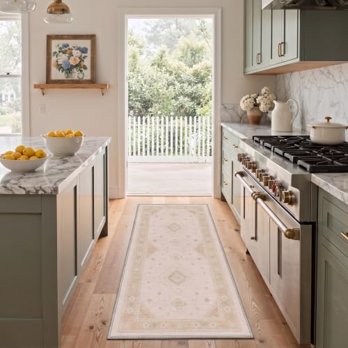 GENIMO 2X5 Washable Runner Rug for Kitchen, Boho Medallion Non Slip - color: Cream Beige, size: 2' x 5' (Rectangular)