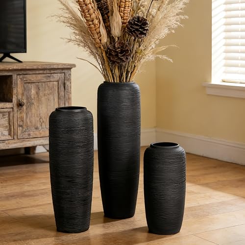 Black Rustic Ceramic Floor Vase, 24 Inch, Ribbed Texture - size: 23.6 Inch