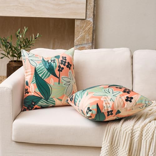 Tyrot Boho Floral Velvet Throw Pillow Covers 20x20 Inch Set of 2 Farmhouse Cushion Covers Mid Century Modern Botanical Home Decor Accent Pillow Cases for Couch Bed Sofa Living Room, Bedroom, Coral - color: Coral Breeze, size: 20" x 20" (Pack of 2)