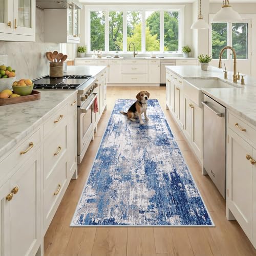 RELEANY Washable Runner 2'6"x8' Abstract Area Rug for Hallway Blue Gray - color: Blue/Gray, size: 2'6" x 8' (Runner)