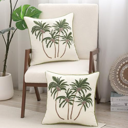 Embroidered Throw Pillow Covers 18x18 Pack of 2 Green Coconut Trees - color: Green Coconut Palm Trees