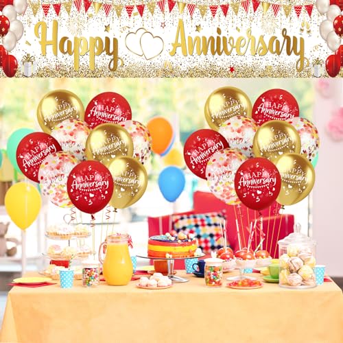 Red Gold Happy Anniversary Banner & Yard Sign with 18pcs 12" Latex Balloons for Wedding Party Supplies