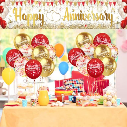 Red Gold Happy Anniversary Banner & Yard Sign with 18pcs 12" Latex Balloons for Wedding Party Supplies