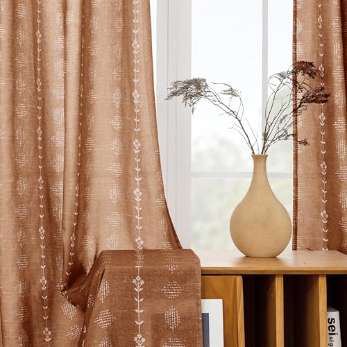 Hippie Boho Curtains 63 Inch Length Semi Sheer Terracotta Burnt Orange Vintage Linen Hippy Southwestern Window Curtains for for Bedroom Living Room - color: Terracotta, size: 52"W x 63"L (Pack of 2)