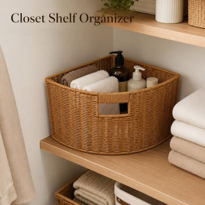 Healifty Triangle Wicker Storage Basket Woven Corner Shelf Basket 15 X 11''