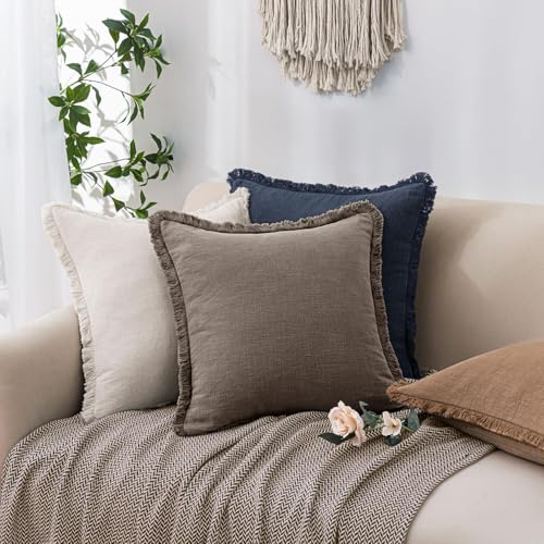 Linen Fringe Throw Pillow Covers 18x18 Inch Set of 2,Coffee - color: Coffee, size: 18" x 18" (Pack of 2)