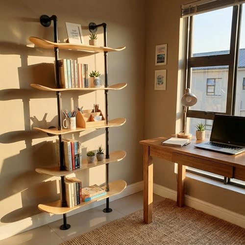 Industrial Pipe Bookcase, 5 Tier Shelf, Natural Wood Stain Finish - size: 5 Tier Shelf